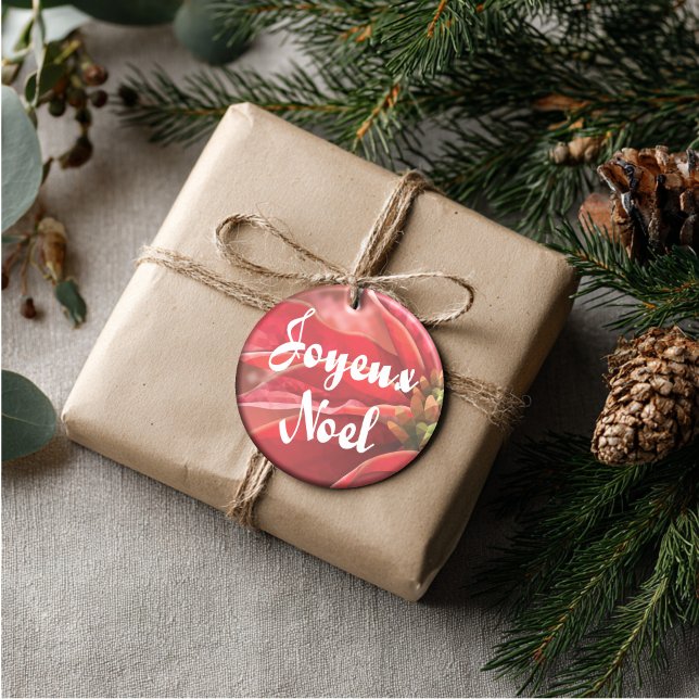 Personalized Poinsettia Joyeux Noel Keramik Ornament (Artistic Dual-Use! This personalized harlequin ornament doubles as a luxury gift tag.)