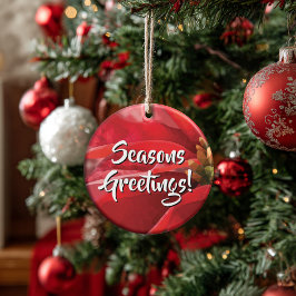 Personalized Poinsettia Seasons Greetings Keramik Ornament