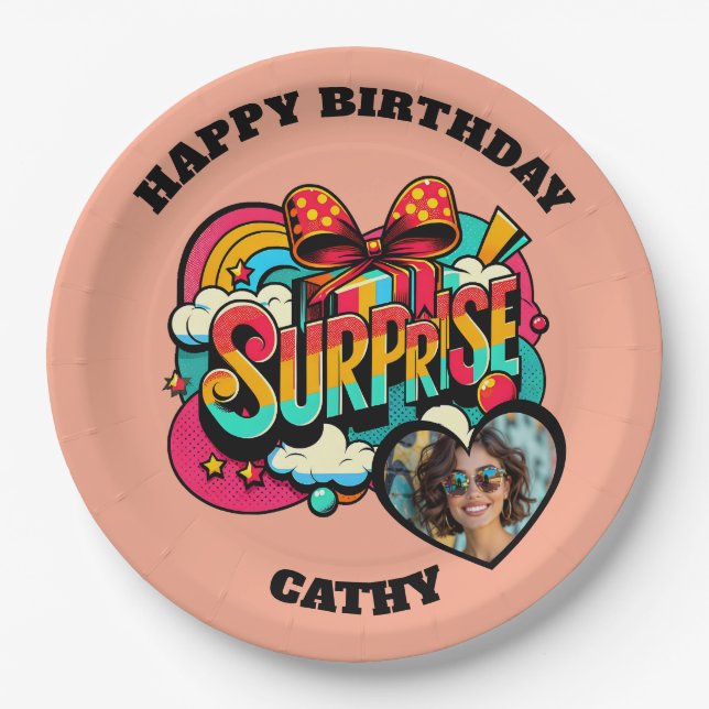 Personalized Pop Art Retro Birthday Photo Pappteller (Vorderseite)