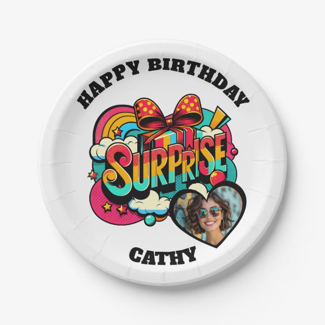 Personalized Pop Art Retro Birthday Photo Pappteller (Vorderseite)