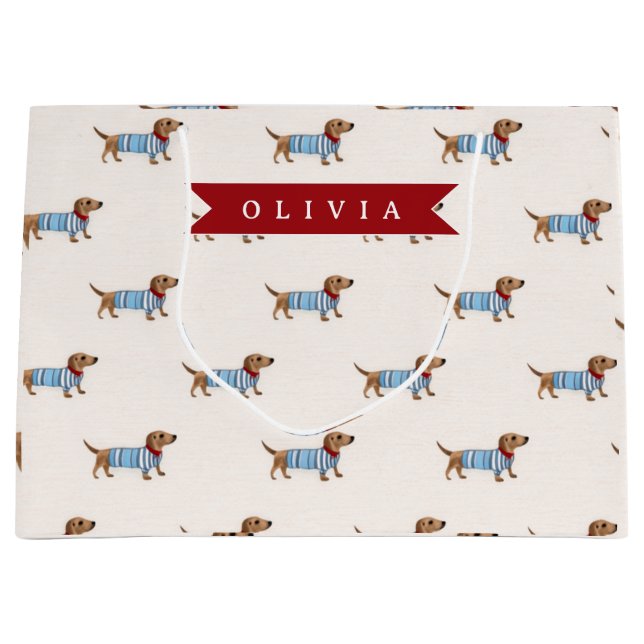 Personalized Preppy Cute Dachshund Dog Pattern Große Geschenktüte (Vorderseite)
