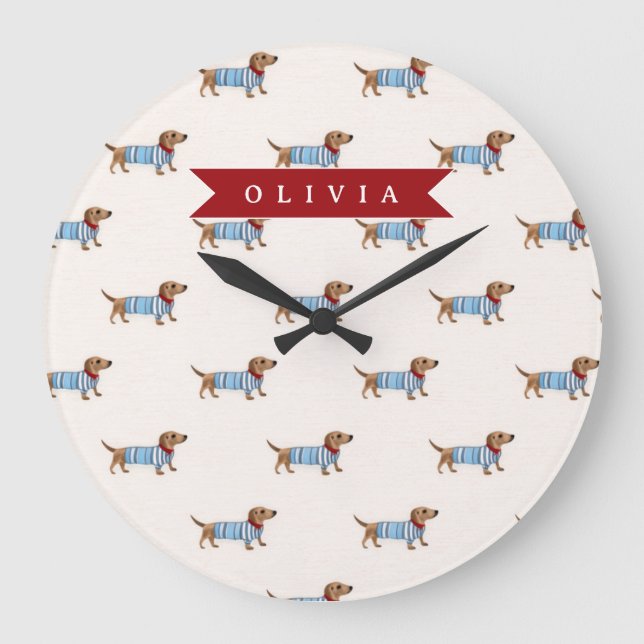 Personalized Preppy Cute Dachshund Dog Pattern Große Wanduhr (Vorderseite)