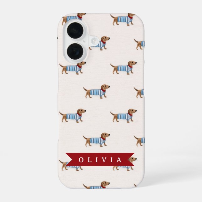 Personalized Preppy Cute Dachshund Dog Pattern iPhone 16 Hülle (Rückseite)