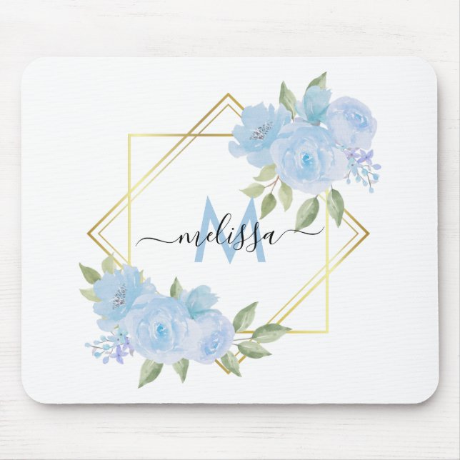 Personalized Pretty Baby Blue Floral Mouse Pad Mousepad (Vorne)