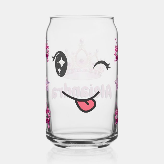 Personalized Princess Crown & Cute Wink Face Glass Dosenglas (Vorderseite)