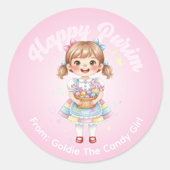 Personalized Purim Sticker – Candy Girl Theme (Vorderseite)