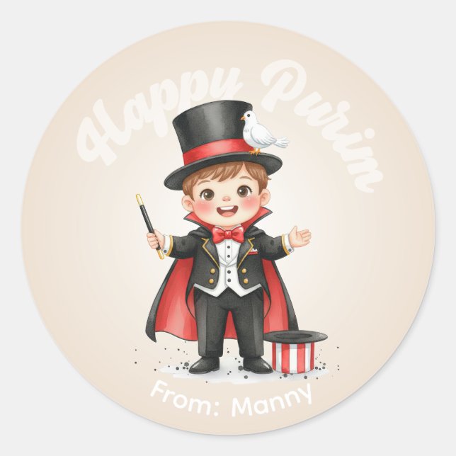 Personalized Purim Sticker – Magician Theme (Vorderseite)