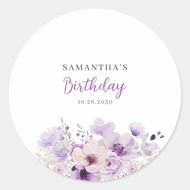 Personalized Purple Floral Birthday  Runder Aufkleber (Vorderseite)