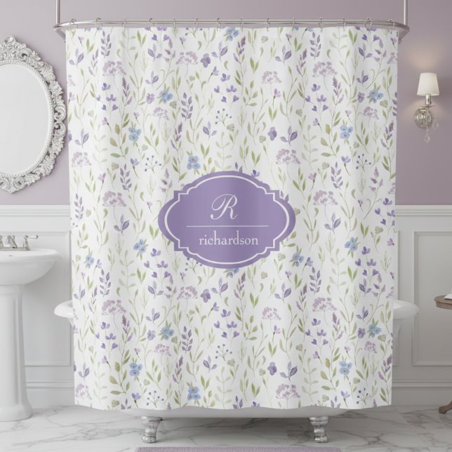 Personalized Purple Floral Monogram Duschvorhang (purple wildflower floral meadow garden shower curtain with custom monogram name and initial)