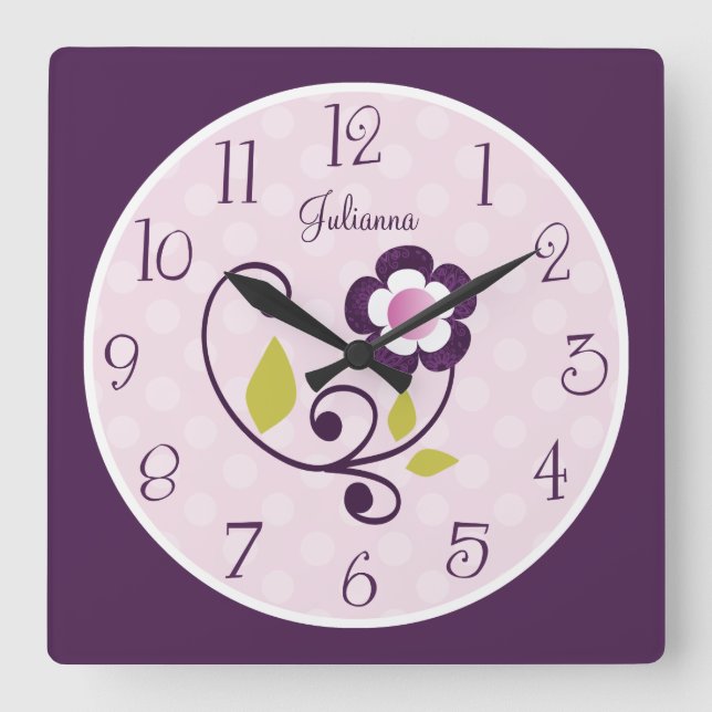 Personalized Purple Flower Nursery Clock Quadratische Wanduhr (Vorderseite)
