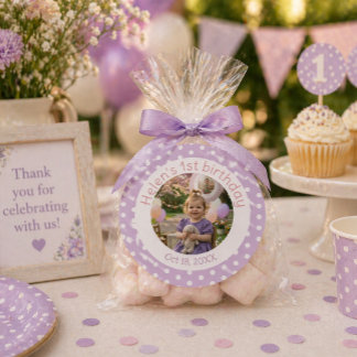 Personalized Purple Polka Dot Photo 1st Birthday  Runder Aufkleber