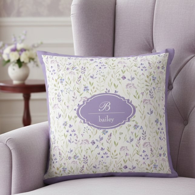 Personalized Purple Wildflower Monogram Kissen (purple wildflower floral throw pillow with custom monogram initial and name in script typography)