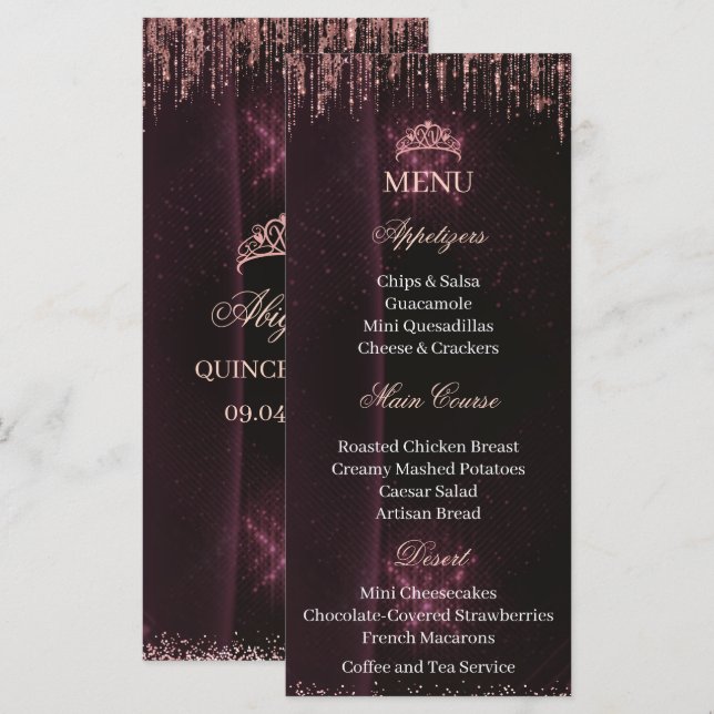 Personalized Quinceañera Menu Card | QUINCEAÑERA (Devant / Derrière)