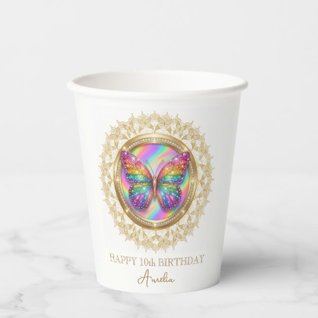 Personalized Rainbow Glitter Butterfly Lace Party Pappbecher (Vorderseite)