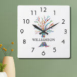 Personalized Rainbow Tree Square Wall Clock Quadratische Wanduhr<br><div class="desc">This colourful Wall Clock is decorated with a mosaic family tree in the colors of the rainbow. Easily customizable with your name. Beursache we create our own artwork you won't find this image from other designers. Original Mosaic © Michele Davies.</div>