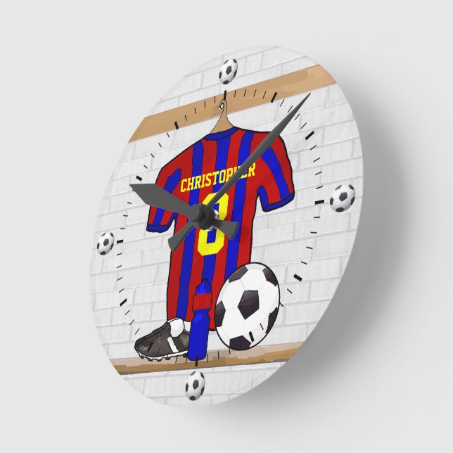 Personalized Red and Blue Football Soccer Jersey Runde Wanduhr (Winkel)
