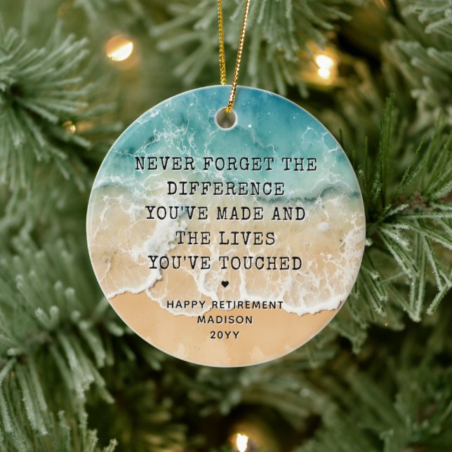 Personalized Retirement Modern Blue Ocean Beach Keramik Ornament (Baum)