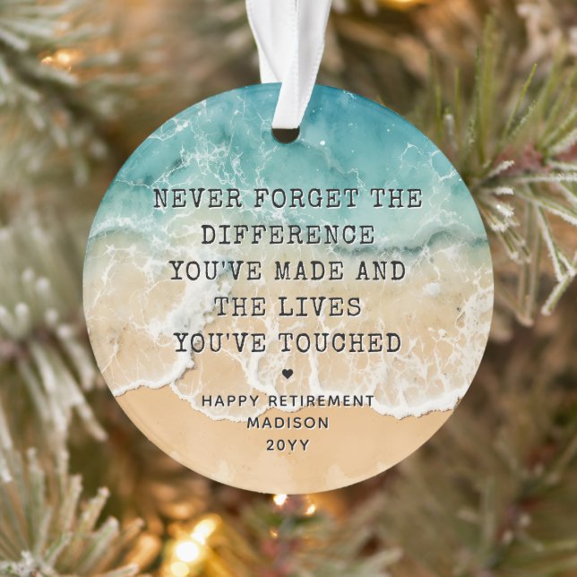 Personalized Retirement Modern Blue Ocean Beach Ornament (Baum)