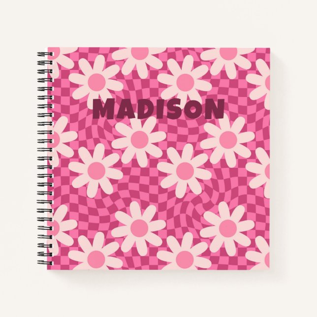 Personalized Retro Groovy Pink Daisy Flower Hippie Notizbuch (Vorderseite)