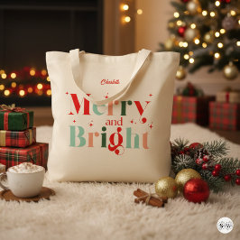 Personalized Retro Merry and Bright Christmas Tragetasche