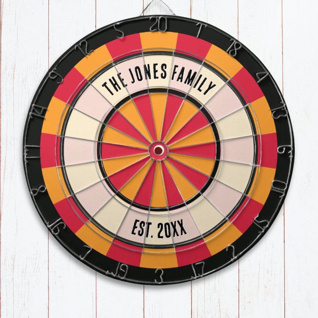 Personalized Retro Red and Orange Dartboard Dartscheibe (A dartboard with red and yellow design, with custom family name and optional 'established' year)
