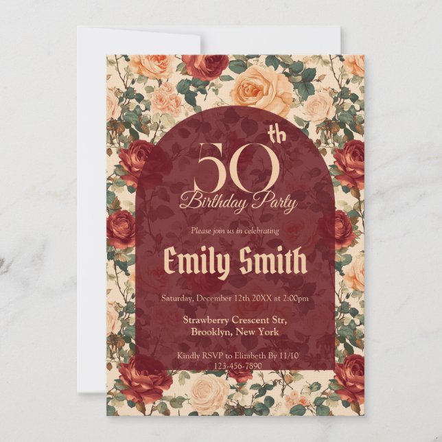 Personalized Rose Sparkle 50Th Birthday Einladung (Vorderseite)