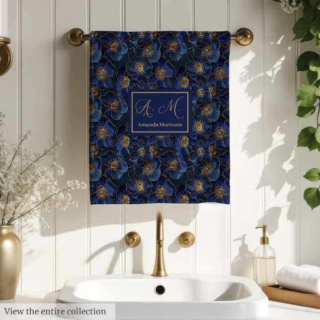 Personalized Royal Blue Towels Chic Gold Flower (Personalized Royal Blue Towels Chic Gold Flower)