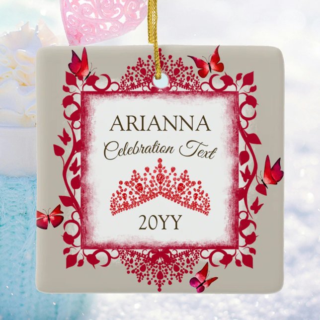 Personalized Ruby Red Tiara & Butterflies Keramikornament (red butterflies & rhinestone tiara tree ornament, congratulations)