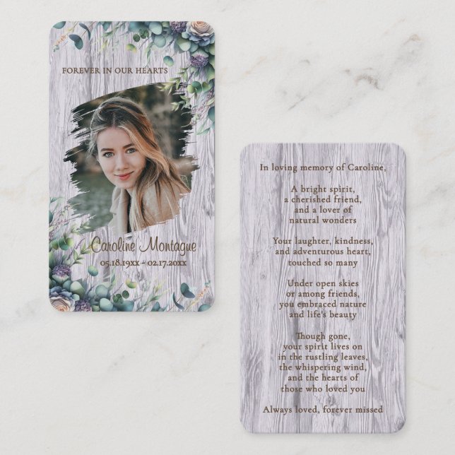 Personalized Rustic Floral Photo Memorial Card Mitteilungskarte (Vorne/Hinten)