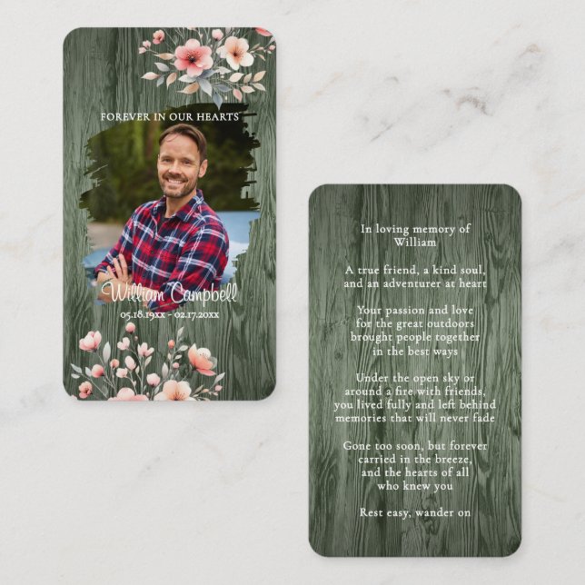 Personalized Rustic Floral Photo Memorial Card Mitteilungskarte (Vorne/Hinten)