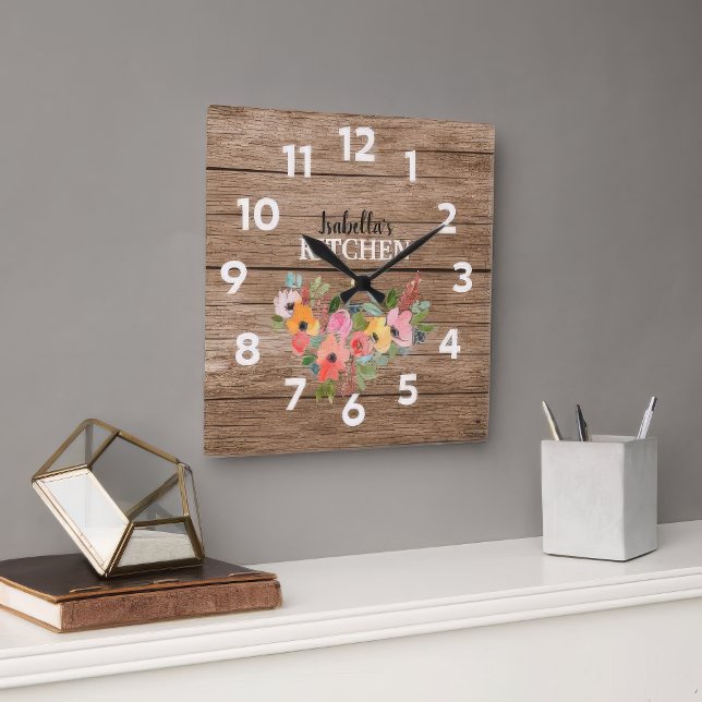 Personalized Rustic Wood And Pink Floral Kitchen Große Wanduhr (Personalized Rustik Wood )