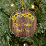 Personalized Rustic Wood Sunflower Custom Text Cer Keramik Ornament<br><div class="desc">driftwood medium wood sunflowers fun background, birthday party sunflower eucalyptus hen, rustic wedding barn country outdoor, personalized fall vow renewal 25th, engagement party newlywed ornament gift, baby shower bridal shower ornament, wedding present ornament summer spring, your custom text birthday ornament, anniversary wedding sweet 16 quinceanera, autumn new parents daughter son,...</div>