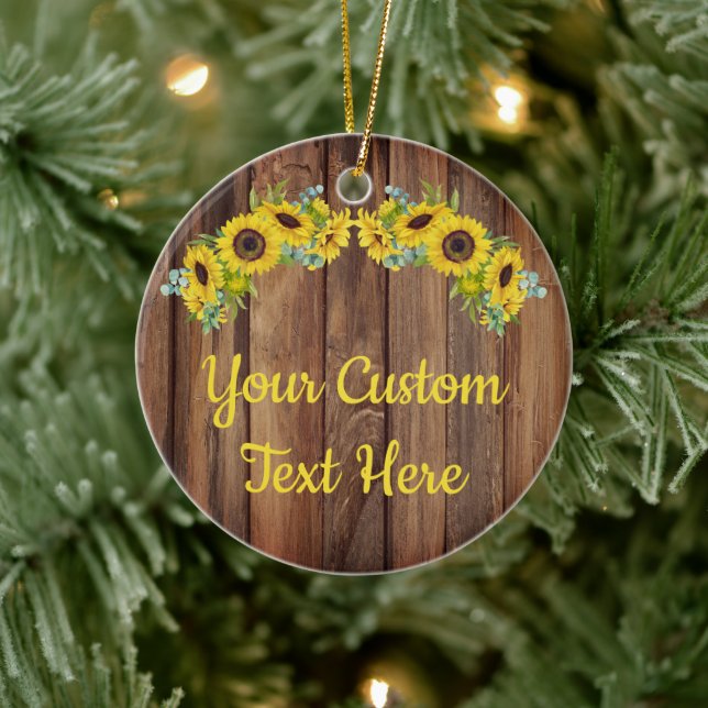 Personalized Rustic Wood Sunflower Custom Text Cer Keramik Ornament (Baum)
