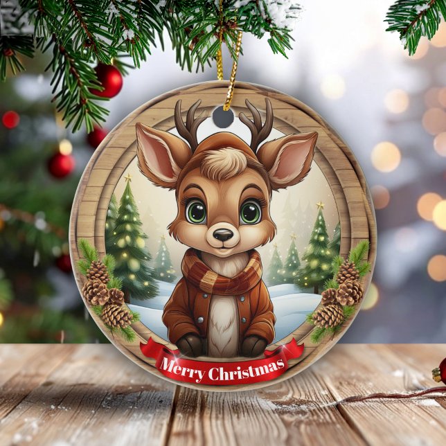 Personalized Rustic Xmas Pine Wood Decor 🦌🎄 Keramik Ornament (Personalized Rustic Xmas Pine Wood Decor. Framed Wooden Pinecone Custom Deer Holiday Decoration 🦌🎄)