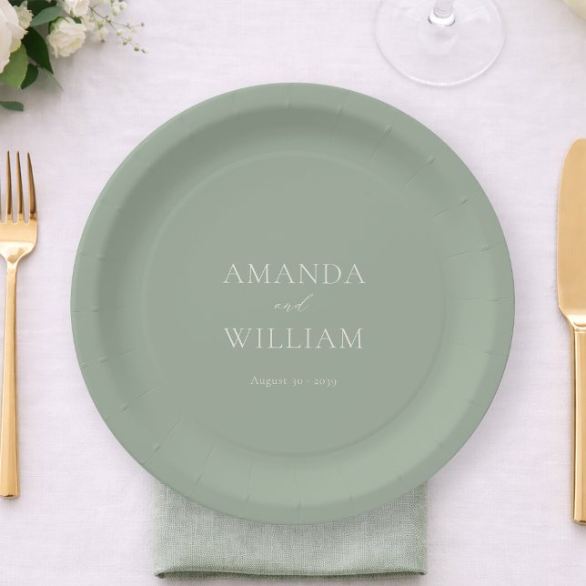Personalized Sage Green Wedding Paper Plates Pappteller (Von Creator hochgeladen)