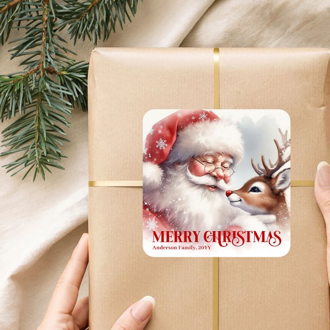 Personalized Santa Rudolph Christmas Kids Gift  Quadratischer Aufkleber (Personalized Santa Rudolph Christmas Kids Gift Festive Sticker

)