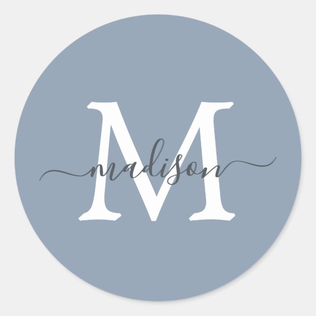 Personalized Script Name Monogram Dusty Blue Runder Aufkleber (Vorderseite)