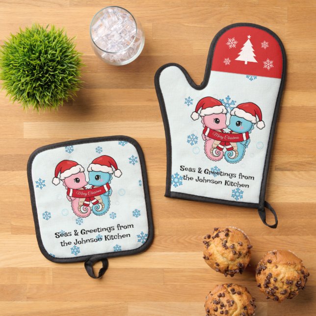 Personalized Seahorse Christmas Oven Mitt Set (Oben Unten)