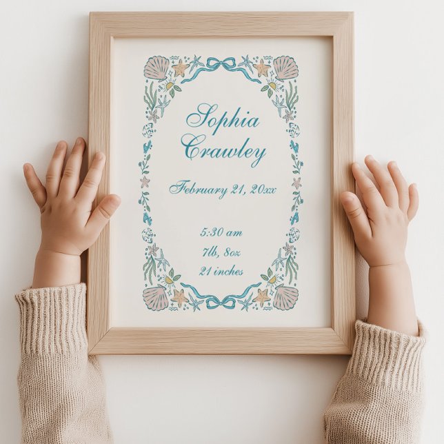 Personalized Seashells Ribbon Birth Info Poster (Coastal Personalized Seashells Ribbon Birth Info Poster)