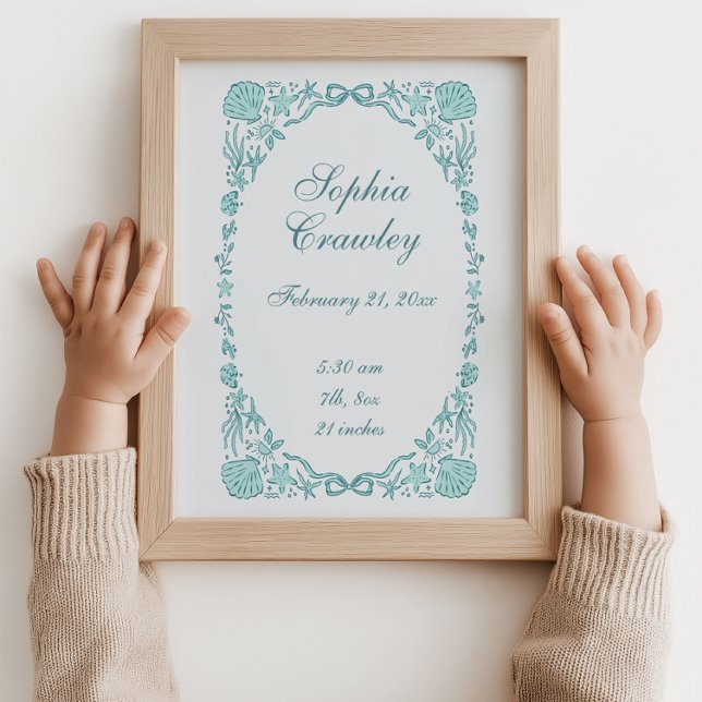 Personalized Seashells Teal Birth Info Poster (Personalized Teal Coastal Seashells Ribbon Birth Info Poster Coastal Blue)