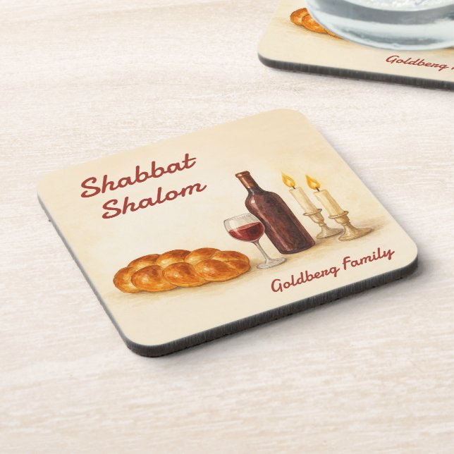 Personalized Shabbat Shalom Watercolor Coaster  Getränkeuntersetzer (Linke Seite)