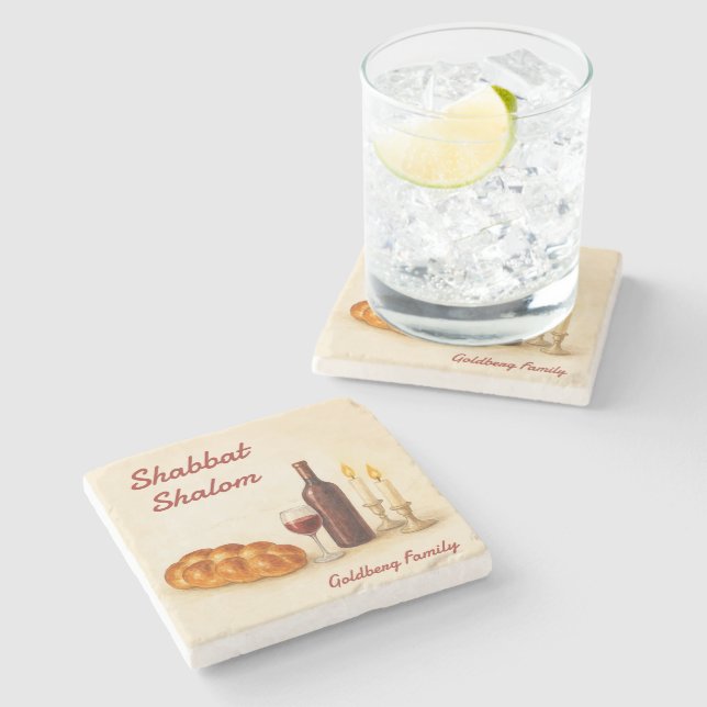 Personalized Shabbat Shalom Watercolor Coaster  Steinuntersetzer (Seitenansicht)