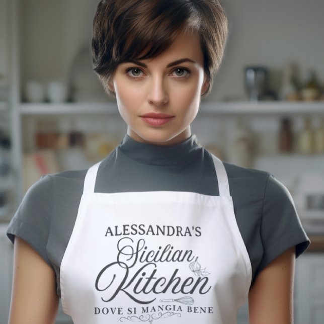 Personalized Sicilian Nonna Apron Schürze ((Custom name) Sicilian Kitchen Dove Si Mangia Bene (where one eats well) white apron Sicily heritage)