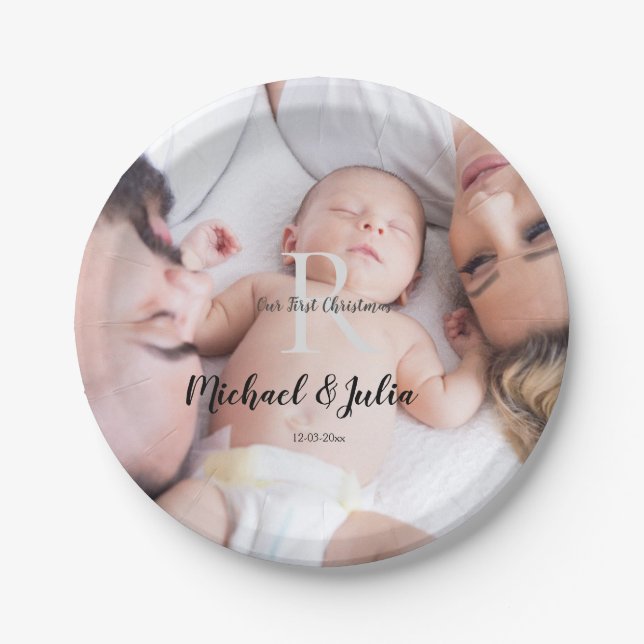 personalized simple monogram name first christmas  pappteller (Vorderseite)