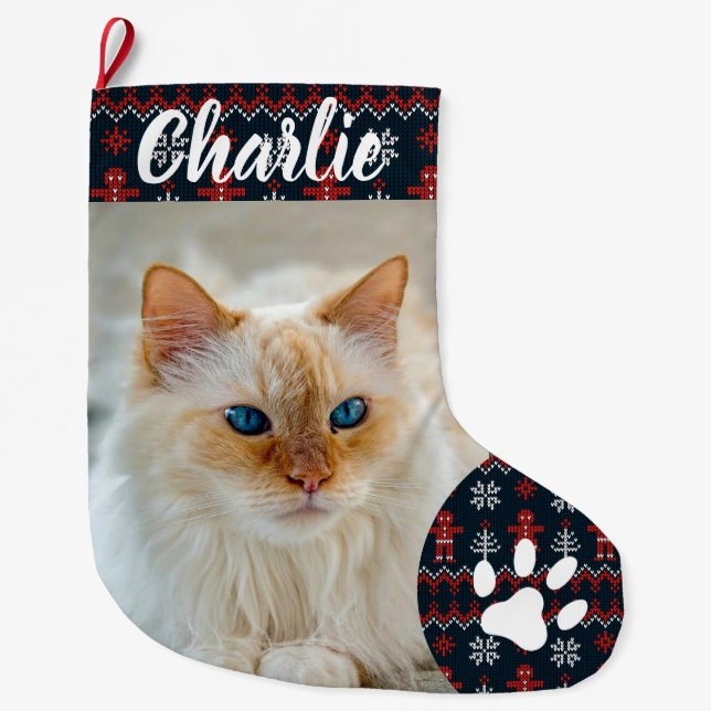 Personalized Simple Paw Pet Photo Monogram Name Großer Weihnachtsstrumpf (Vorderseite)