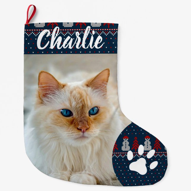 Personalized Simple Paw Pet Photo Monogram Name Großer Weihnachtsstrumpf (Vorderseite)