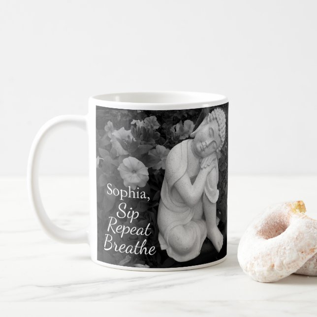 Personalized Sip Breathe Buddha Zen Black White Kaffeetasse (Mit Donut)