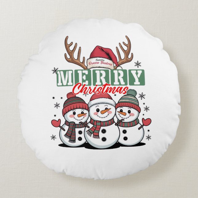 Personalized Snowman Trio Round Pillow  Rundes Kissen (Vorderseite)