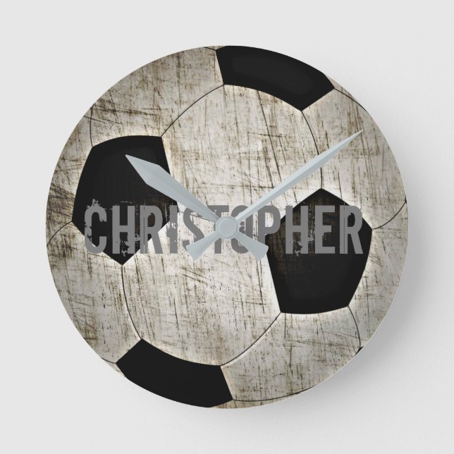 Personalized Soccer Ball Grunge Style Clock Runde Wanduhr (Vorderseite)
