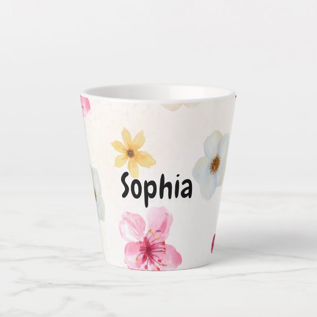 Personalized Soft Watercolor Floral Name Latte Mug (Devant)